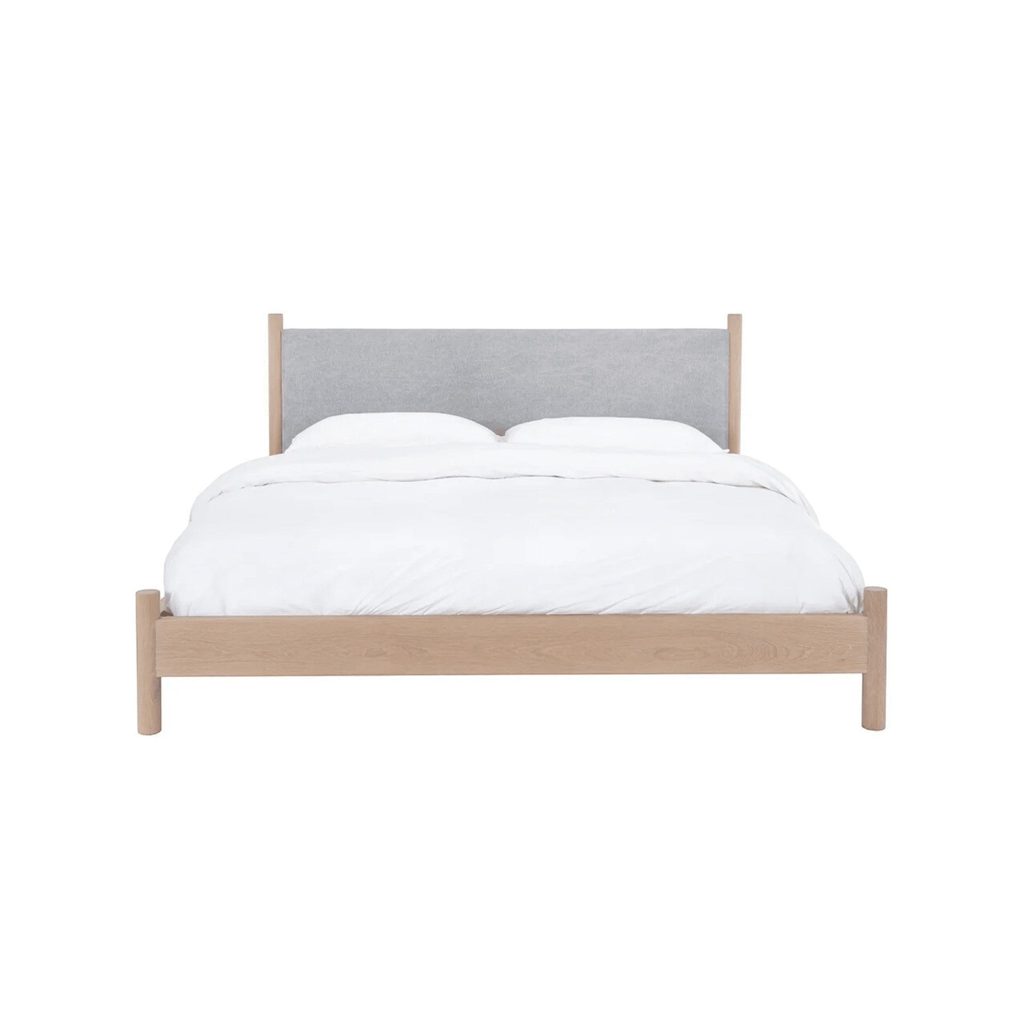 Calimia Home Wilfred Bed with a light oak frame and a grey upholstered headboard in a clean modern design