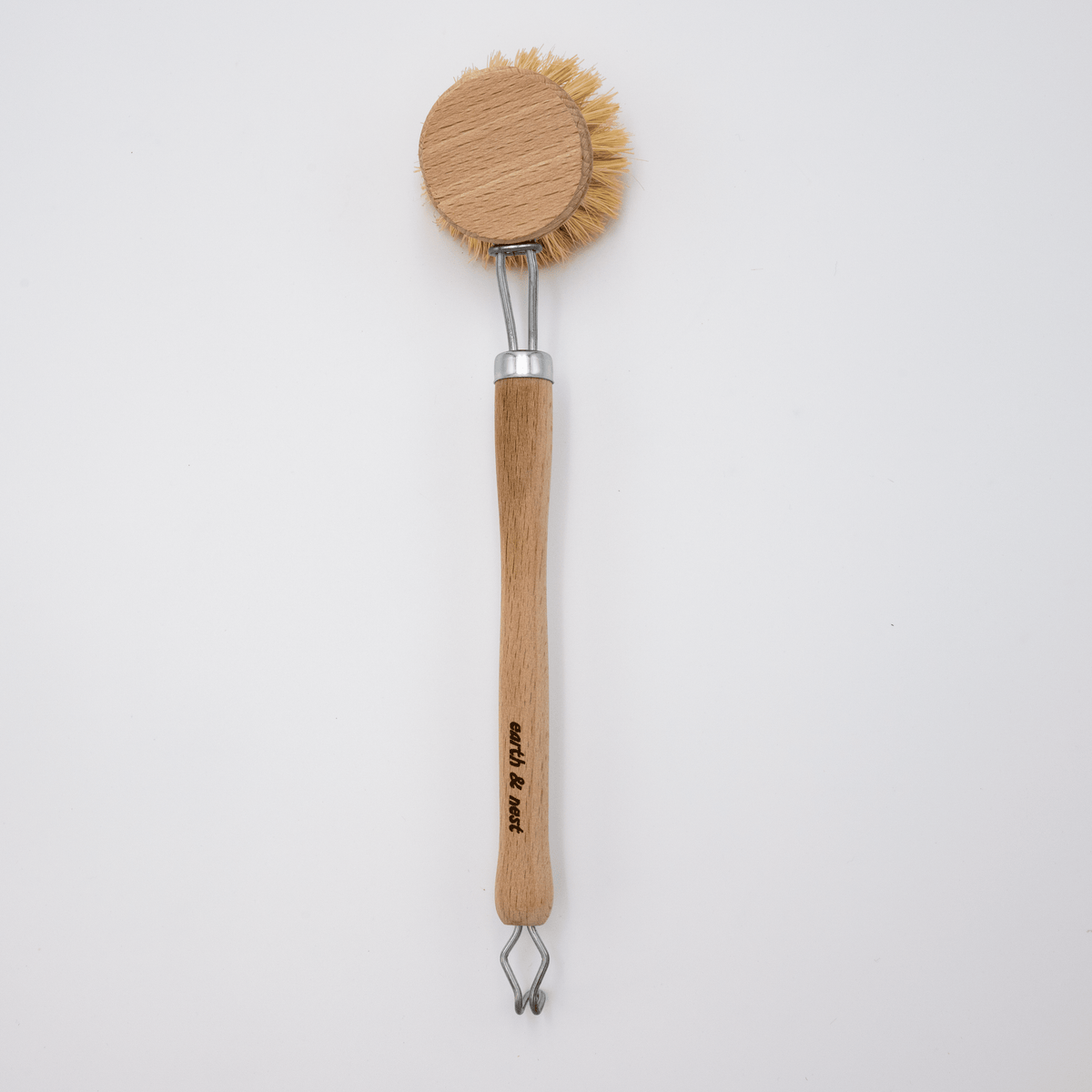 Earth & Nest beechwood dish brush shown full length with hanging loop