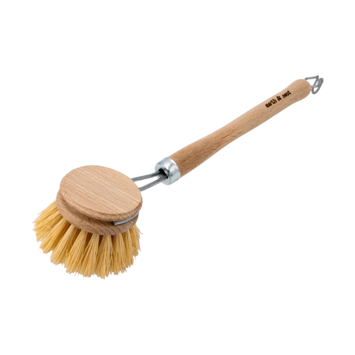 Calimia Home wooden dish brush with untreated beechwood handle and natural Tampico fiber bristles for plastic-free cleaning