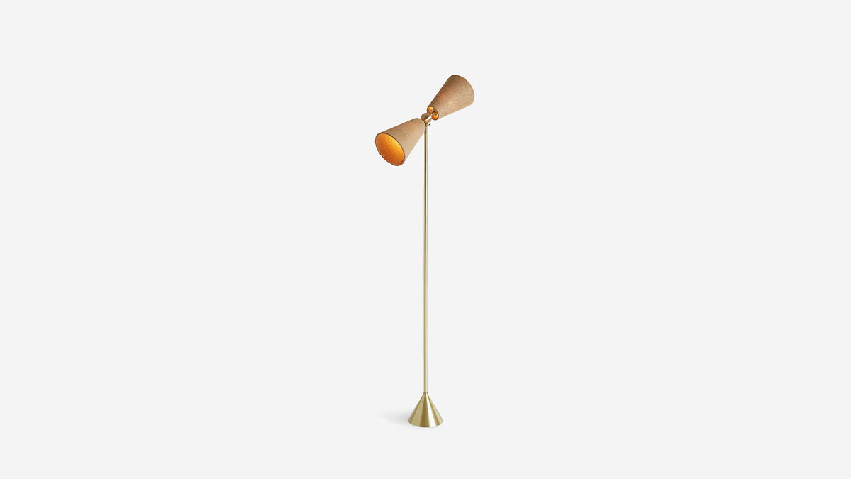 Workstead Pendolo Floor Lamp Small, Natural Burlap shade illuminated