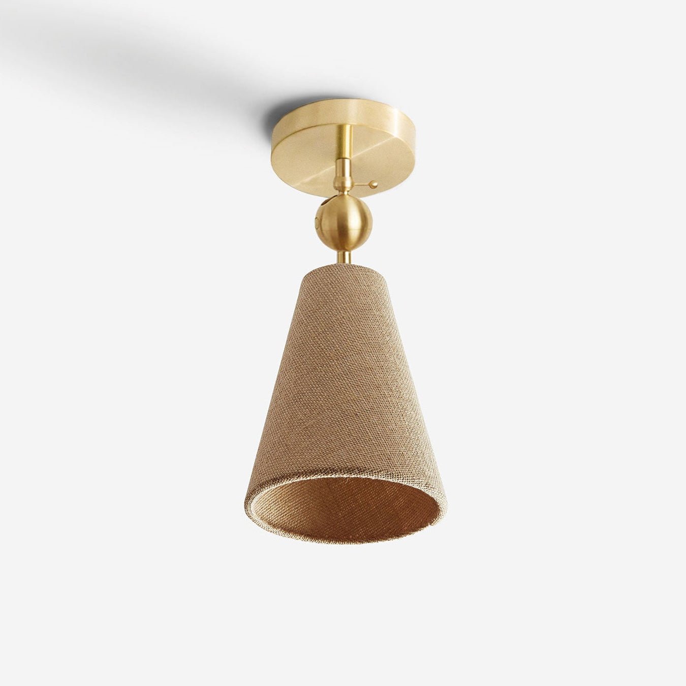 Workstead Pendolo Flush Mount Small, Hewn Brass with Natural Burlap shade