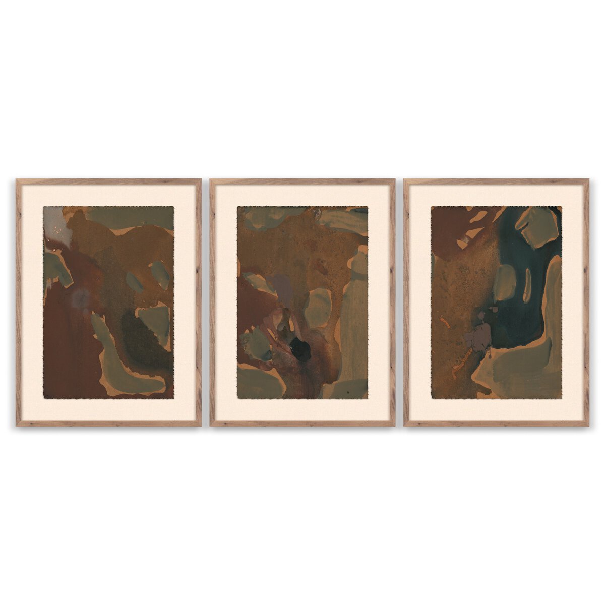 Worn Triptych by Brooke Noel Morgan — three-panel abstract canvas wall art in olive and brown tones, framed in rustic walnut, shown on a white wall