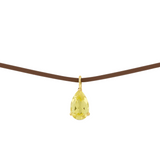 Yellow pear-cut pendant with brown rubber cord necklace
