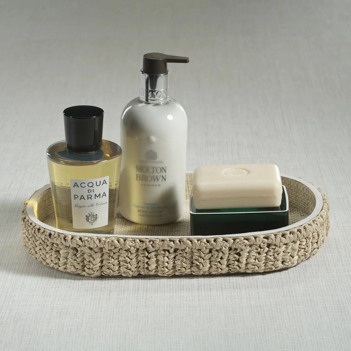 Oval Raffia Tray with Leather Trim